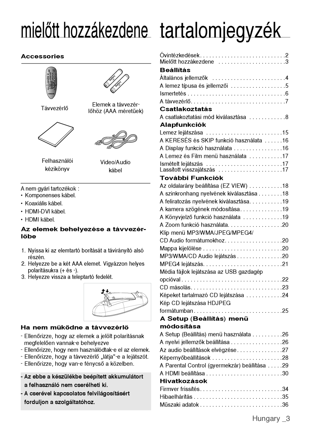 Samsung DVD-H1080W/XEE manual Hungary , mielőtt hozzákezdene tartalomjegyzék, Accessories, Ha nem mıködne a távvezérlŒ 