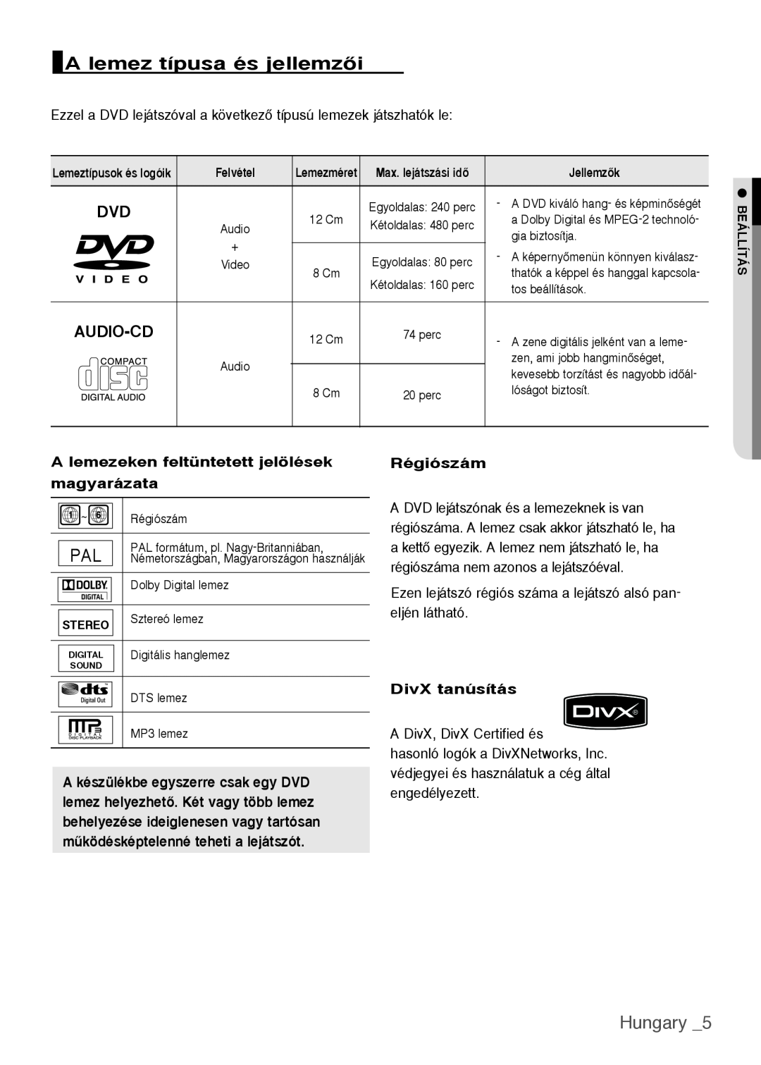 Samsung DVD-H1080W/EDC A lemez típusa és jellemzŒi, Hungary , A lemezeken feltüntetett jelölések magyarázata, Régiószám 