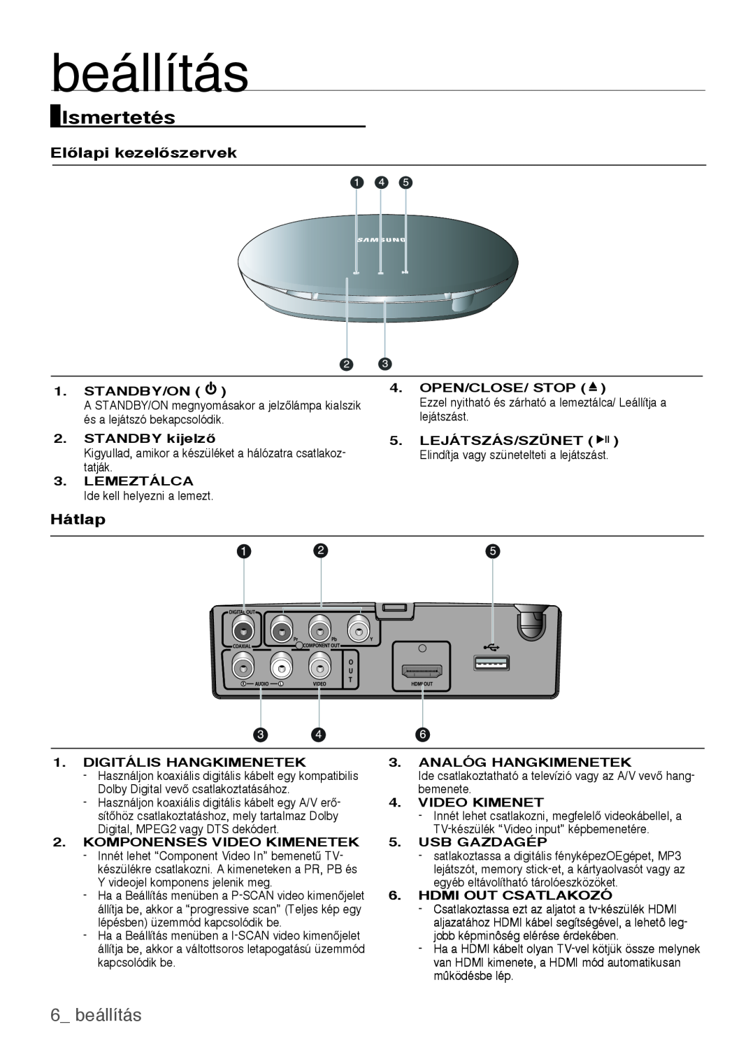 Samsung DVD-H1080/XET, DVD-H1080/EDC, DVD-H1080W/EDC manual Ismertetés,  beállítás, ElŒlapi kezelŒszervek, Hátlap 