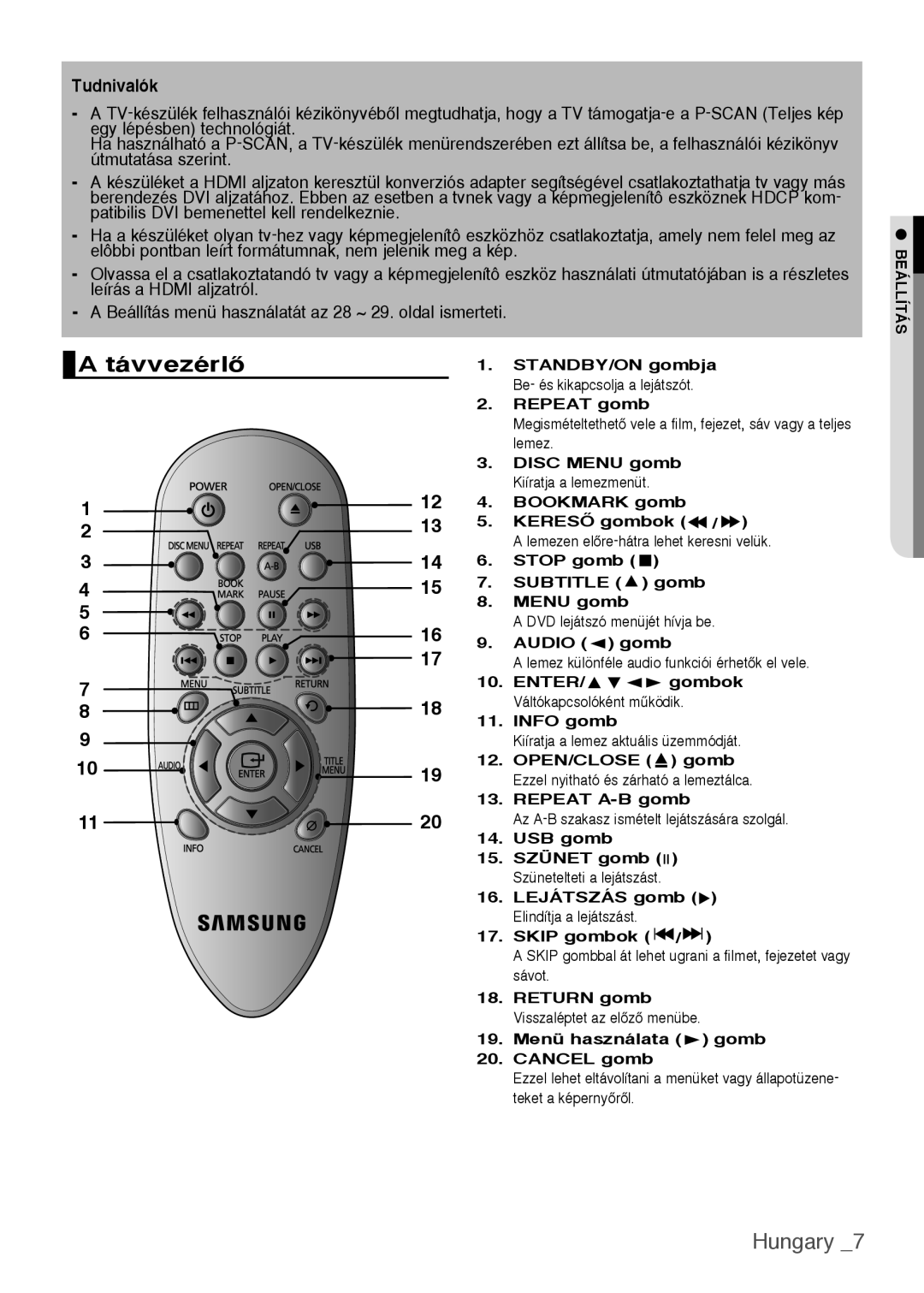 Samsung DVD-H1080W/XEE, DVD-H1080/EDC, DVD-H1080W/EDC, DVD-H1080/XET manual A távvezérlŒ, Hungary , Tudnivalók 