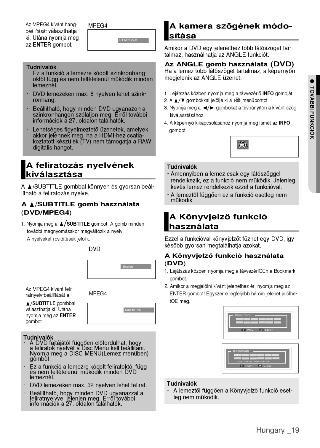 Samsung DVD-H1080W/XEE manual A kamera szögének módo- sítása, A feliratozás nyelvének kiválasztása, Hungary, Tudnivalók 