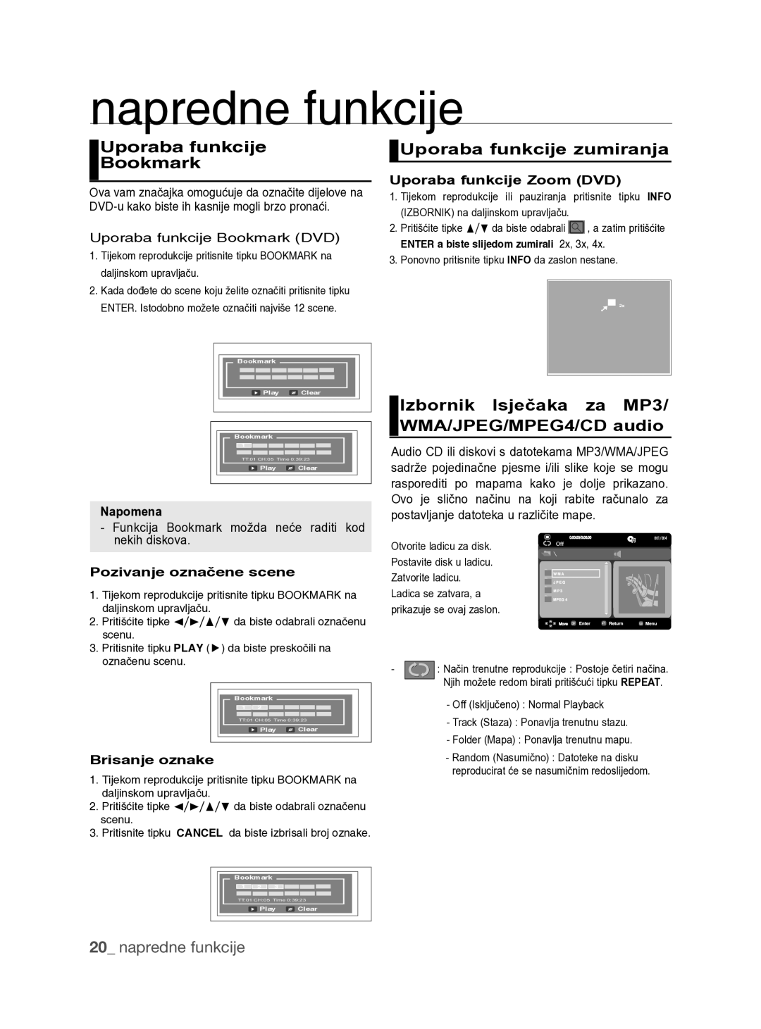 Samsung DVD-H1080W/XEE Uporaba funkcije Bookmark, Uporaba funkcije zumiranja, Pozivanje označene scene, Brisanje oznake 