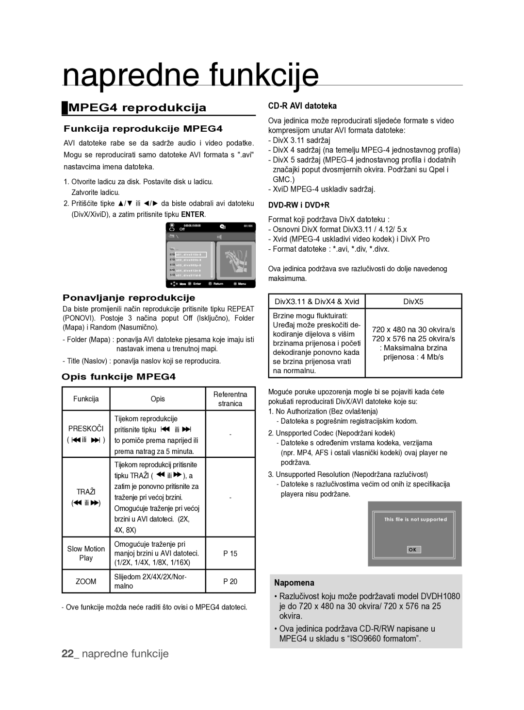 Samsung DVD-H1080/XET manual MPEG4 reprodukcija, Funkcija reprodukcije MPEG4, Ponavljanje reprodukcije, Opis funkcije MPEG4 