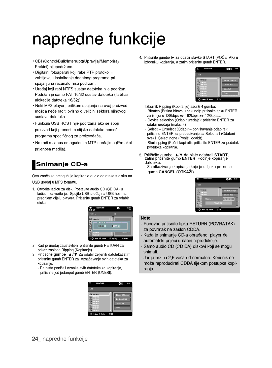 Samsung DVD-H1080/EDC, DVD-H1080/XET, DVD-H1080W/XEE manual Snimanje CD-a, Izbornik Ripping Kopiranje sadrži 4 gumba 