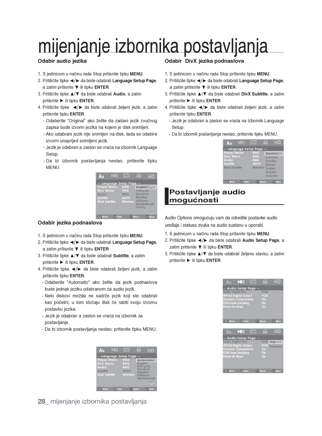 Samsung DVD-H1080/XET, DVD-H1080/EDC manual Postavljanje audio mogućnosti, Odabir audio jezika, Odabir jezika podnaslova 