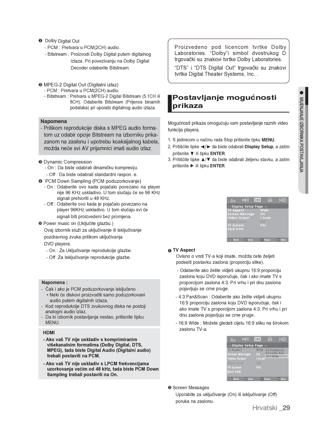 Samsung DVD-H1080W/XEE manual Postavljanje mogućnosti prikaza, ❶ Dolby Digital Out PCM Pretvara u PCM2CH audio, ❶ TV Aspect 