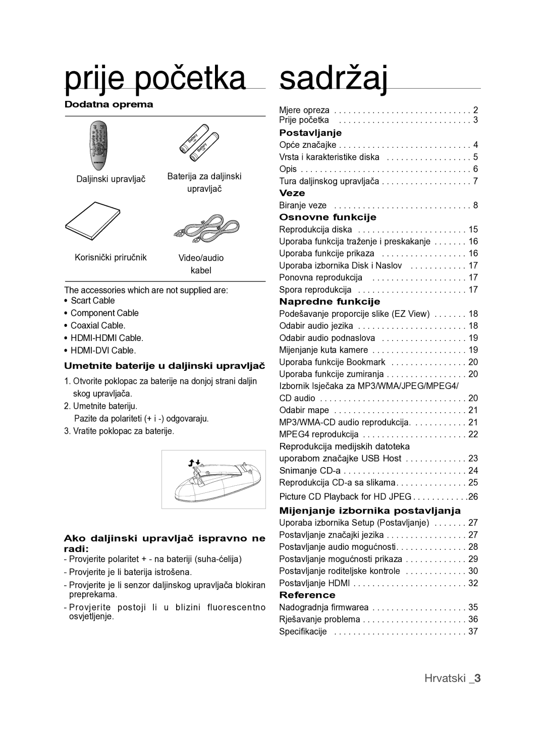 Samsung DVD-H1080/EDC, DVD-H1080/XET, DVD-H1080W/XEE manual Prije početka, Sadržaj, Dodatna oprema 