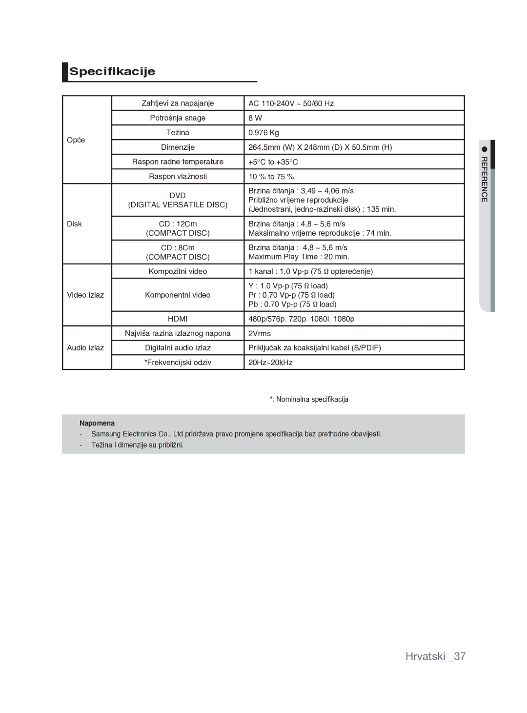 Samsung DVD-H1080/XET, DVD-H1080/EDC, DVD-H1080W/XEE manual Specifikacije, Napomena 