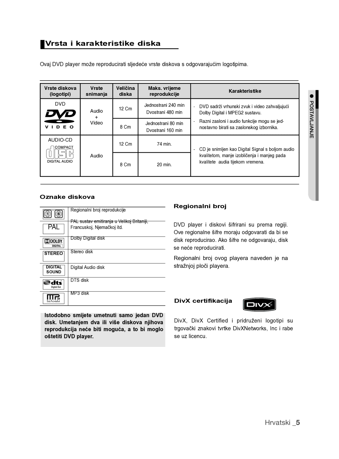 Samsung DVD-H1080W/XEE, DVD-H1080/EDC manual Vrsta i karakteristike diska, Oznake diskova, DivX certifikacija, Diska 