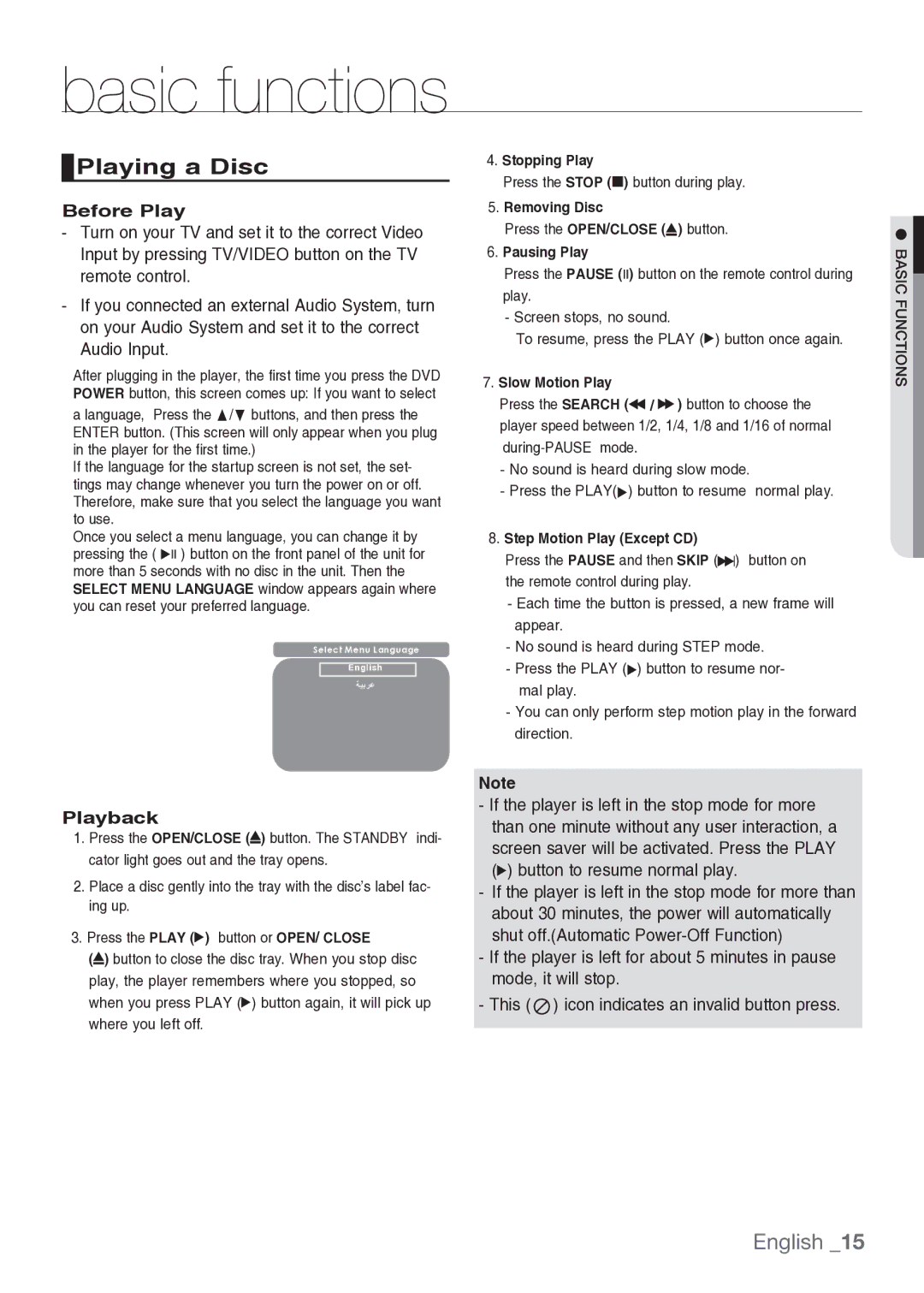 Samsung DVD-H1080/MEA manual Basic functions, Playing a Disc, Before Play, Playback 