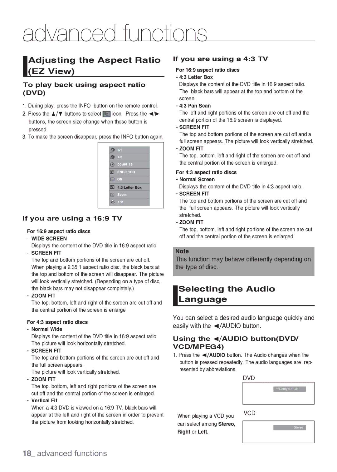 Samsung DVD-H1080/MEA manual Advanced functions, Adjusting the Aspect Ratio EZ View, Selecting the Audio Language 