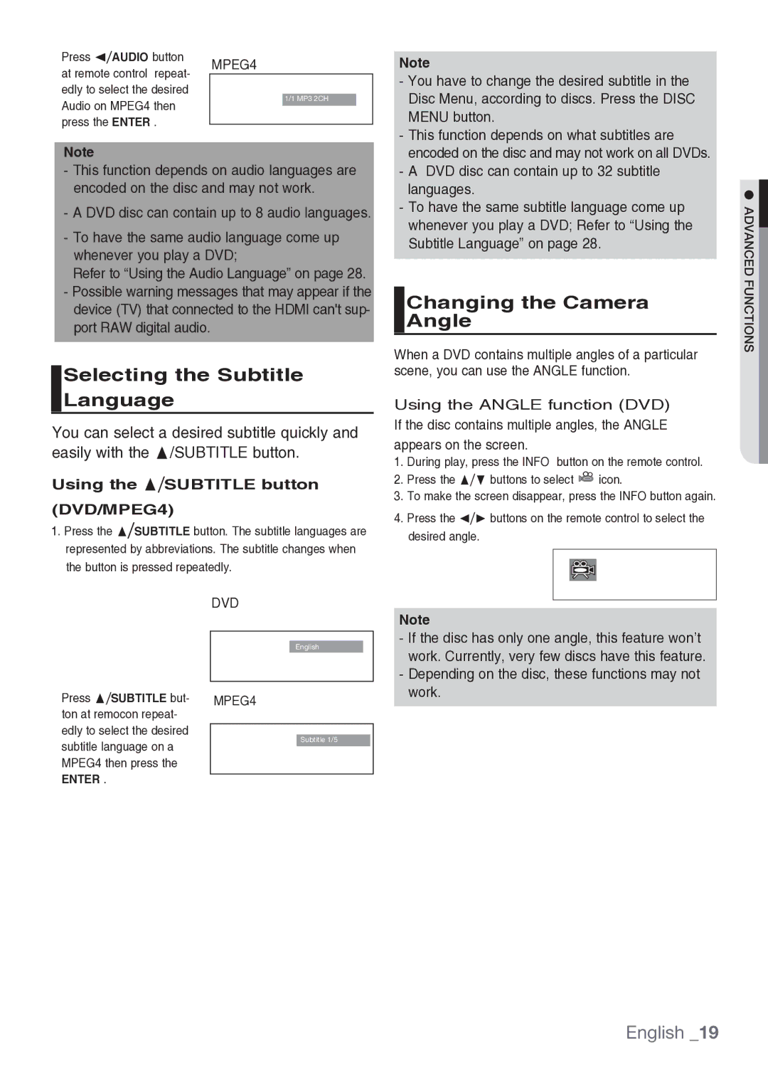 Samsung DVD-H1080/MEA Selecting the Subtitle Language, Changing the Camera Angle, Using the SUBTITLE button DVD/MPEG4 