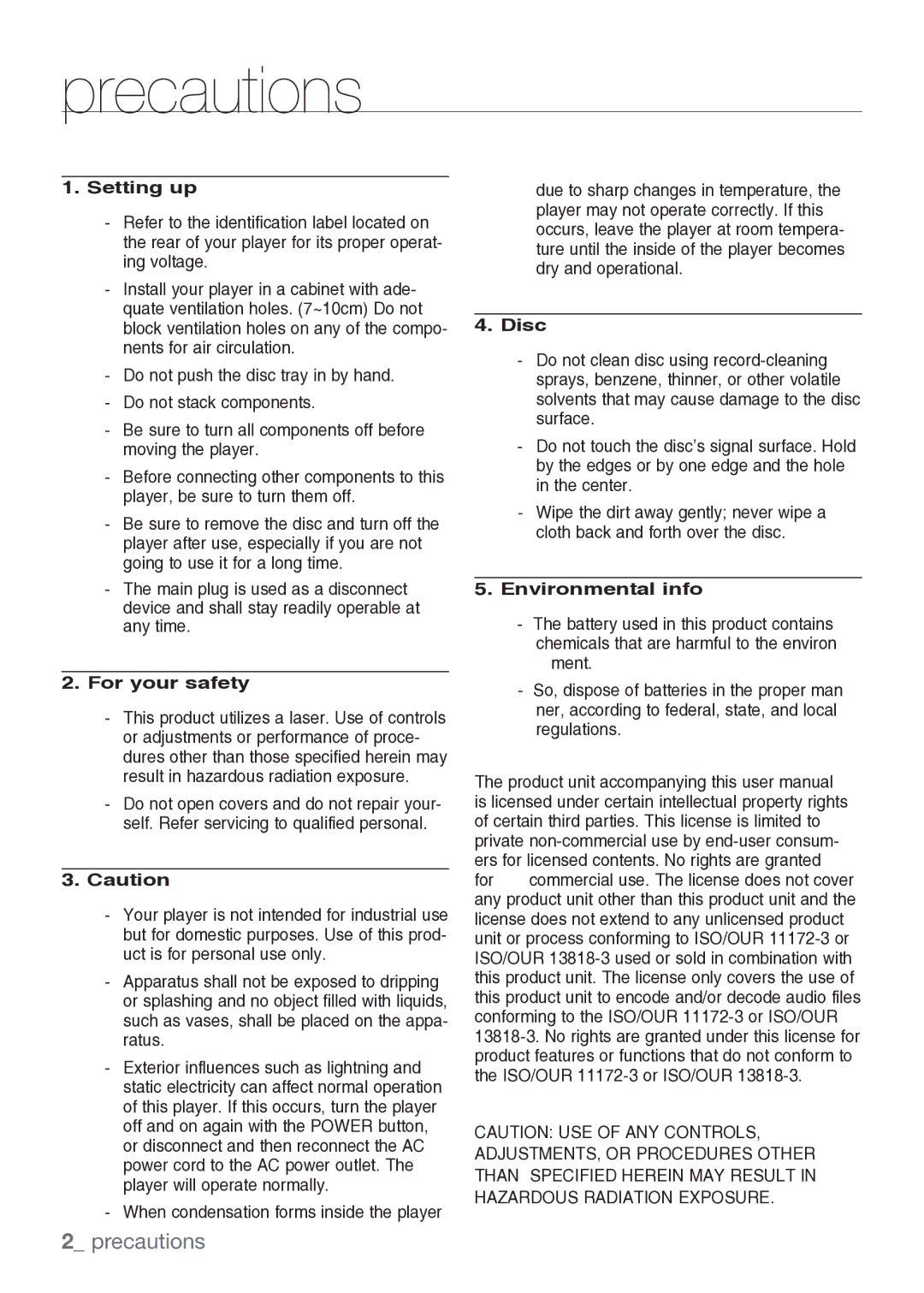 Samsung DVD-H1080/MEA manual Precautions 