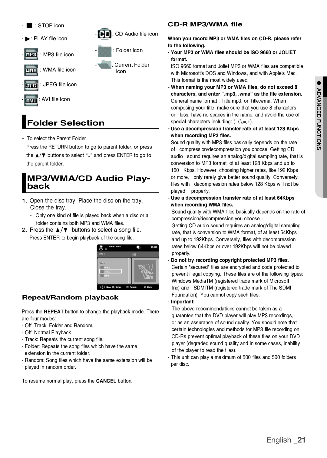 Samsung DVD-H1080/MEA manual Folder Selection, MP3/WMA/CD Audio Play- back, Repeat/Random playback, CD-R MP3/WMA file 