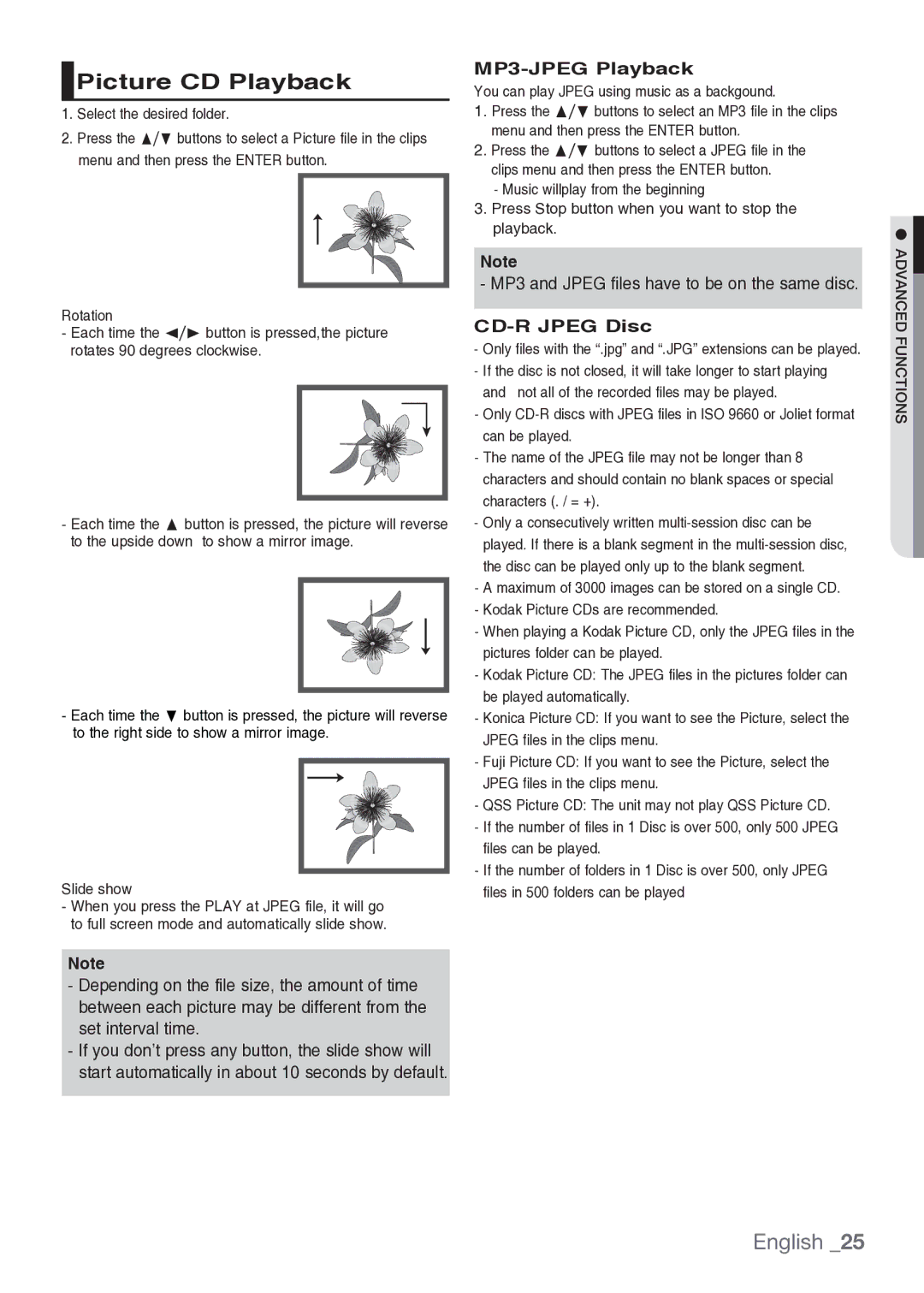 Samsung DVD-H1080/MEA manual Picture CD Playback, MP3-JPEG Playback, CD-R Jpeg Disc, Menu and then press the Enter button 