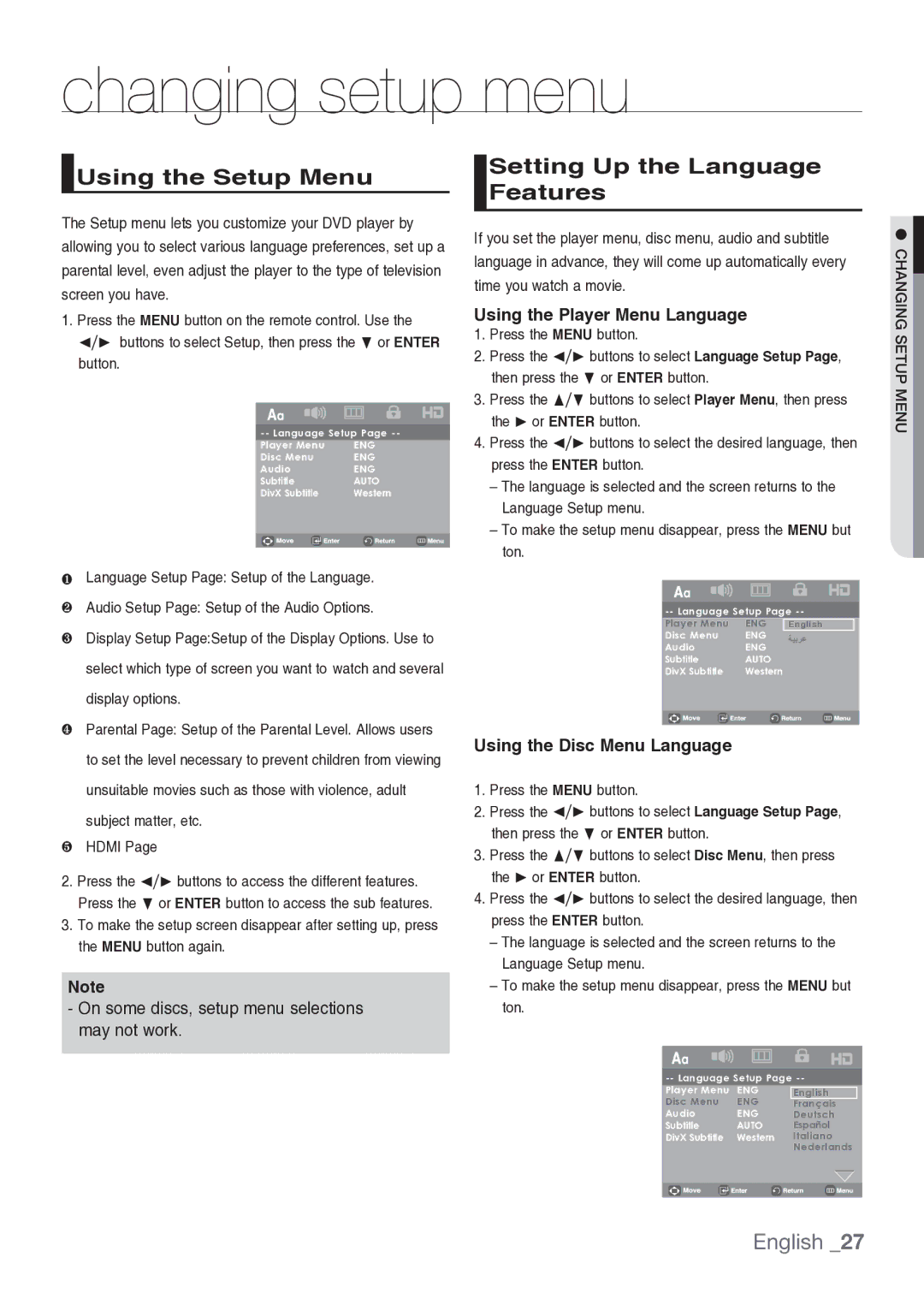 Samsung DVD-H1080/MEA manual Changing setup menu, Using the Setup Menu, Setting Up the Language Features 