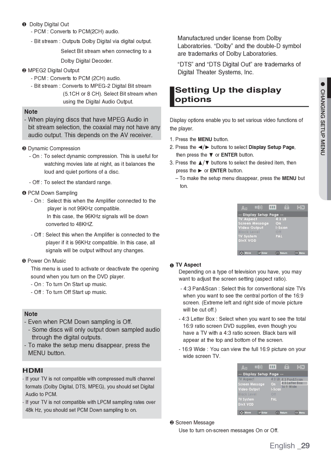 Samsung DVD-H1080/MEA manual Setting Up the display options, Dolby Digital Out PCM Converts to PCM2CH audio, TV Aspect 