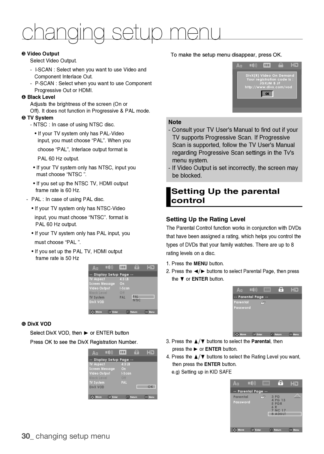 Samsung DVD-H1080/MEA manual Setting Up the parental control, Setting Up the Rating Level 