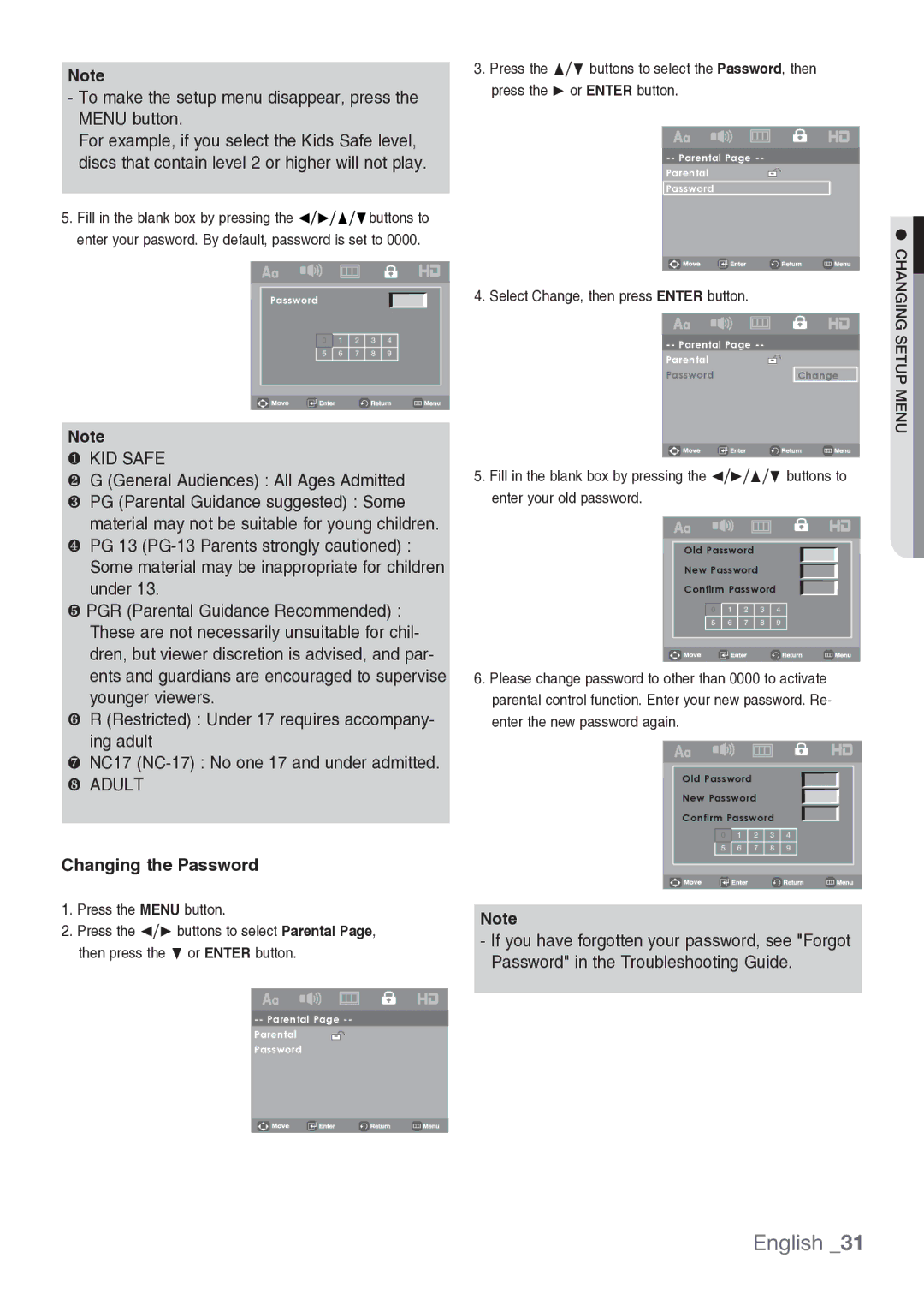 Samsung DVD-H1080/MEA manual Changing the Password, Select Change, then press Enter button 