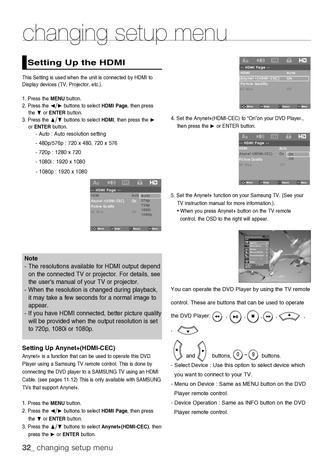 Samsung DVD-H1080/MEA manual Setting Up the Hdmi, Setting Up Anynet+HDMI-CEC, 1080p 1920 x 