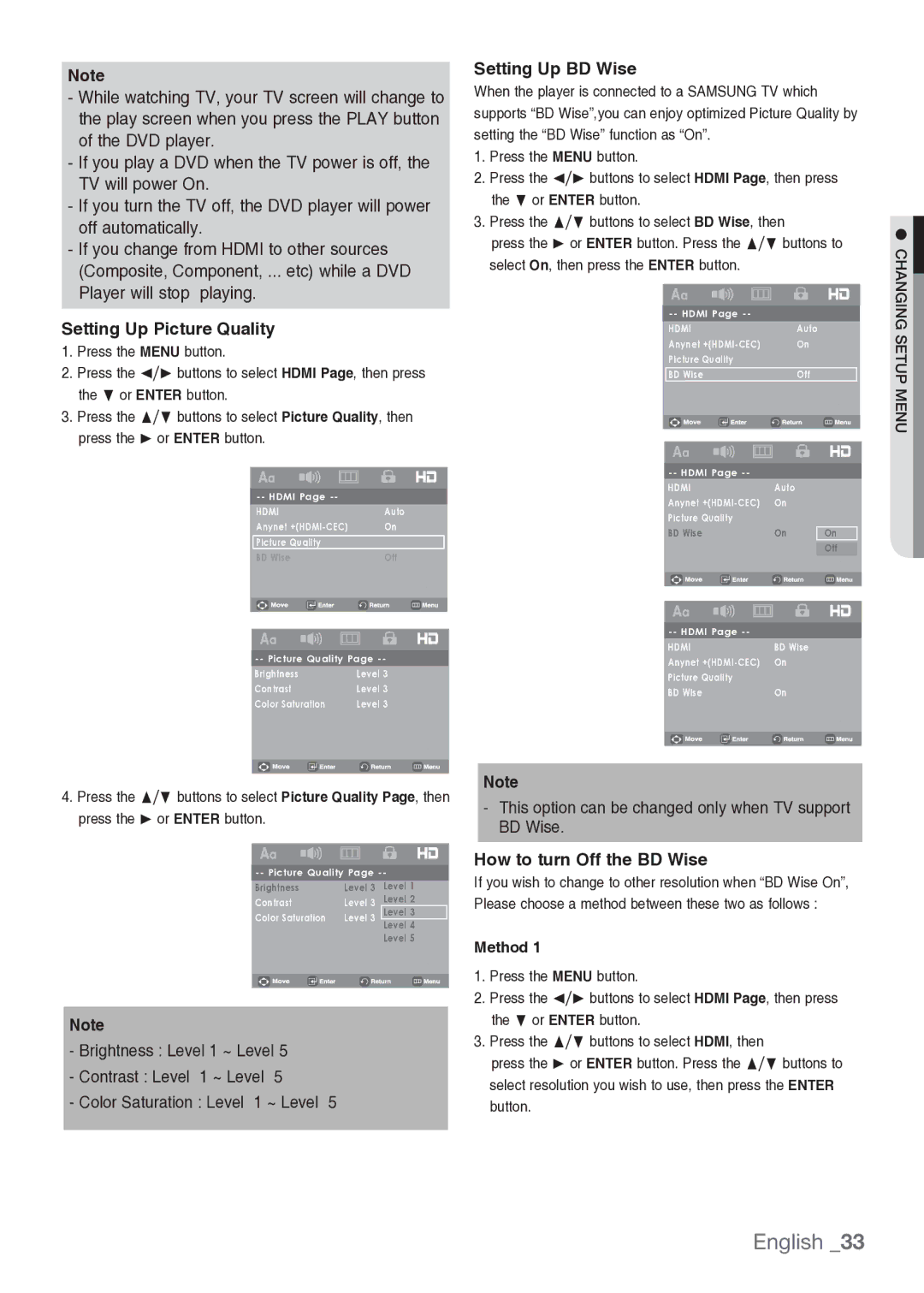 Samsung DVD-H1080/MEA manual Setting Up Picture Quality, Setting Up BD Wise, How to turn Off the BD Wise, Method 