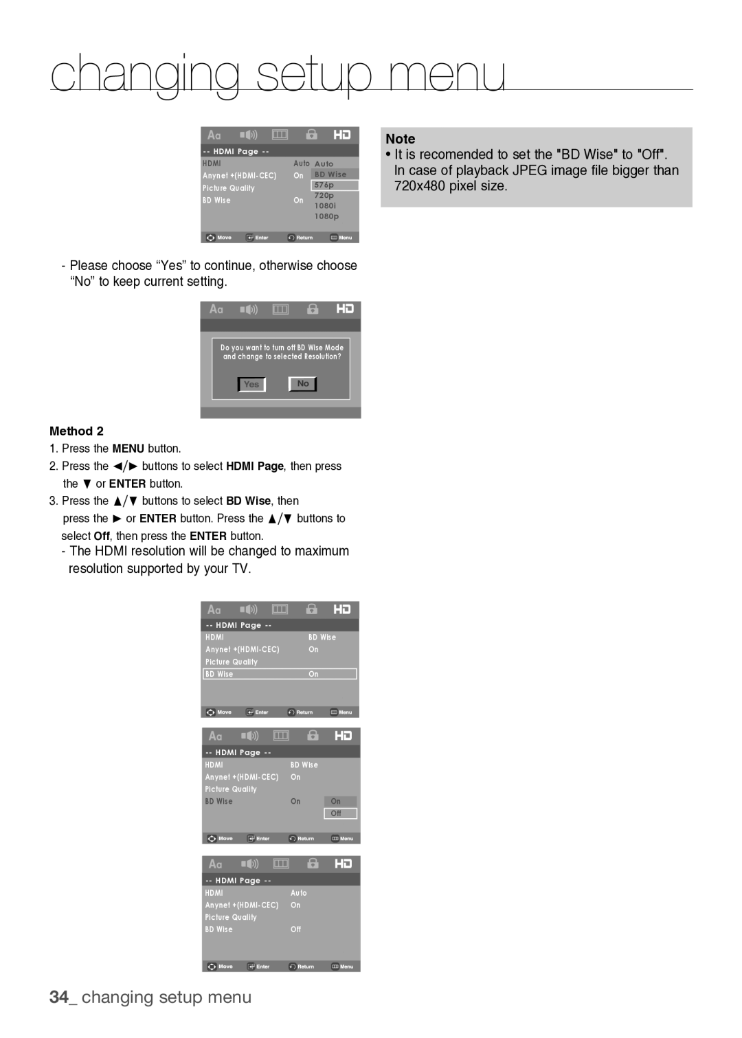 Samsung DVD-H1080/MEA manual Press Buttons to select BD Wise, then, Select Off, then press the Enter button 