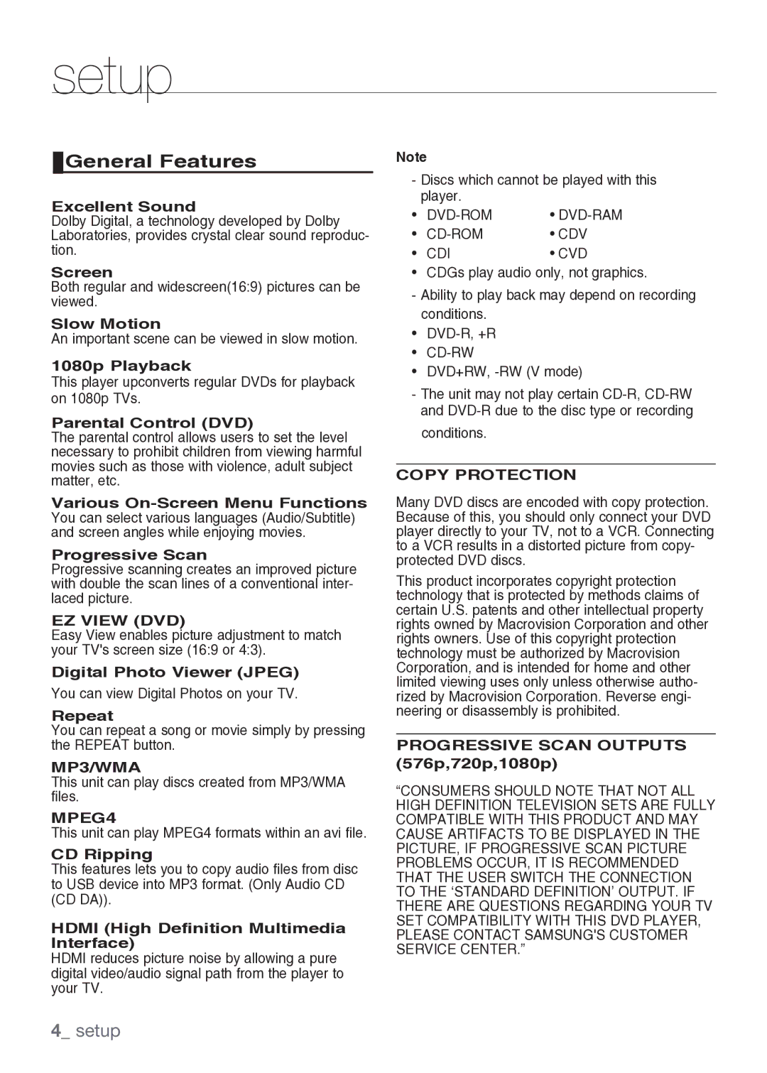 Samsung DVD-H1080/MEA manual Setup, General Features 