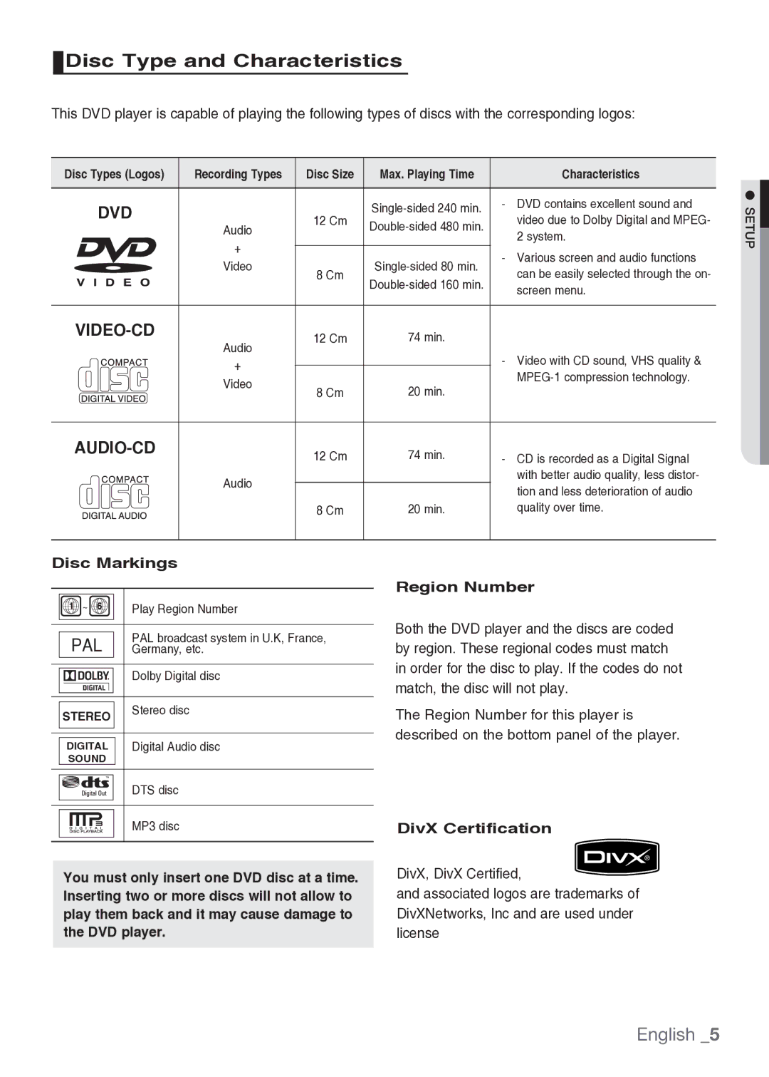 Samsung DVD-H1080/MEA manual Disc Type and Characteristics, Disc Markings, DivX Certification 