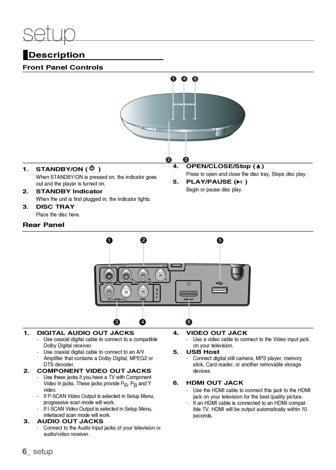 Samsung DVD-H1080/MEA manual Description, Front Panel Controls, Rear Panel 