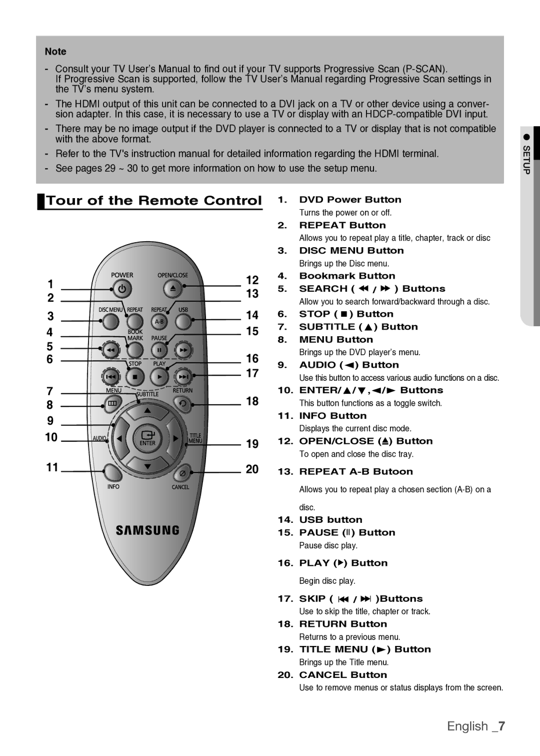 Samsung DVD-H1080/MEA Tour of the Remote Control, DVD Power Button Turns the power on or off Repeat Button, Audio Button 