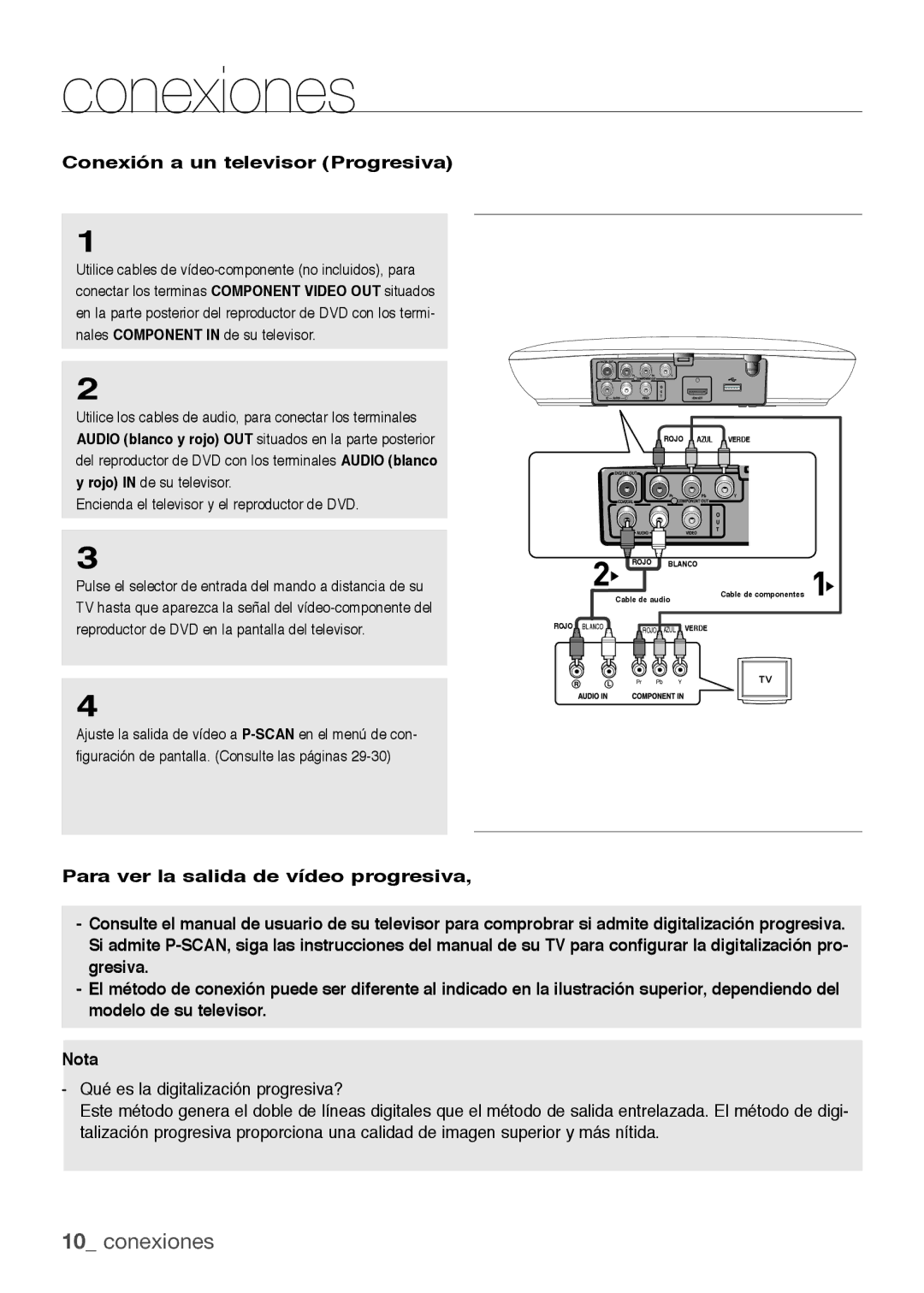 Samsung DVD-H1080R/XEC, DVD-H1080/XEC manual Conexiones, Conexión a un televisor Progresiva 