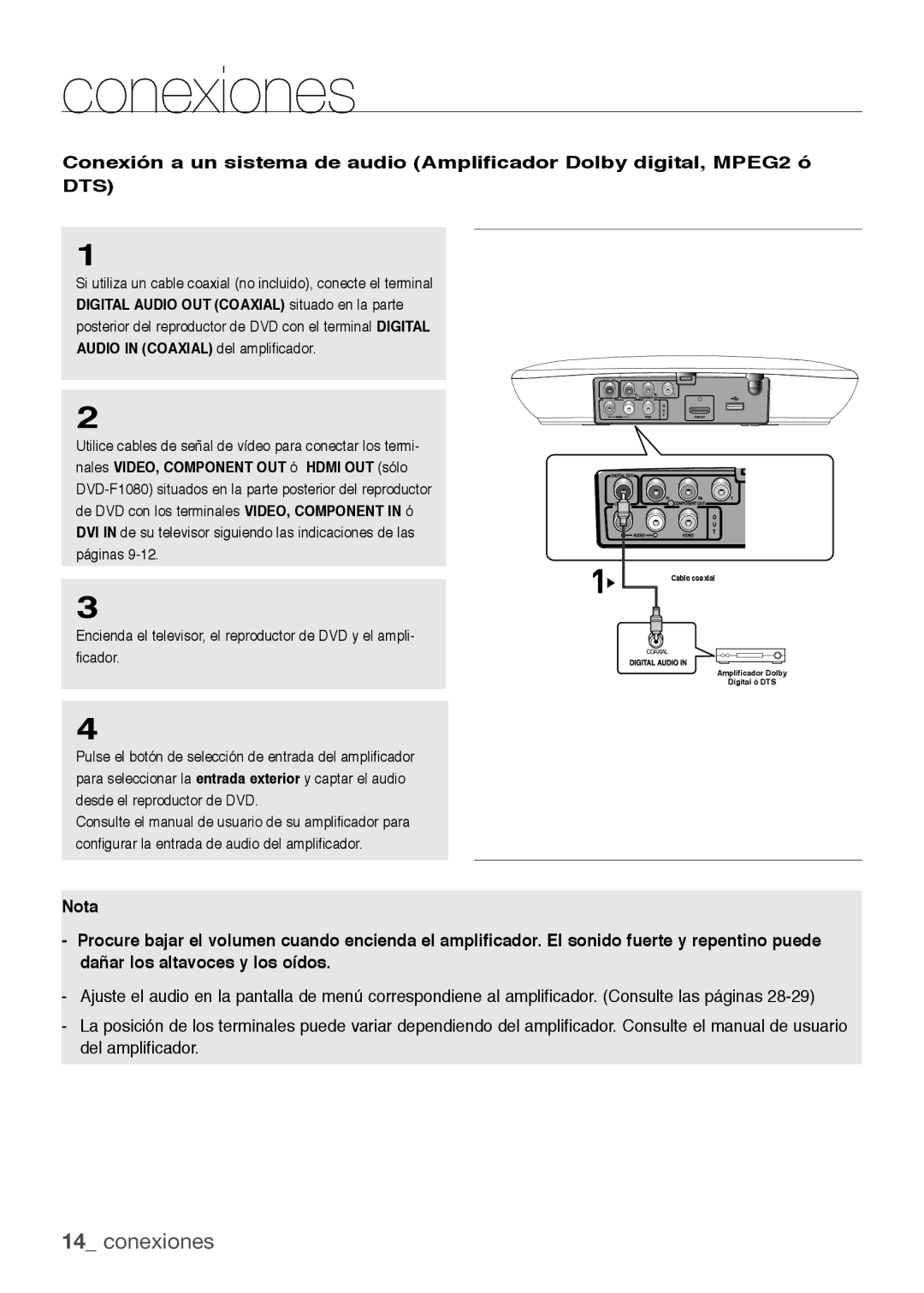 Samsung DVD-H1080R/XEC, DVD-H1080/XEC manual Cable coaxial Amplificador Dolby Digital ó DTS 