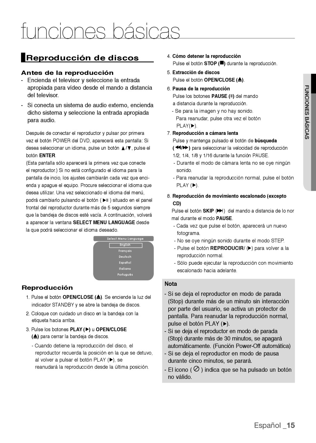 Samsung DVD-H1080/XEC, DVD-H1080R/XEC manual Funciones básicas, Reproducción de discos, Antes de la reproducción 