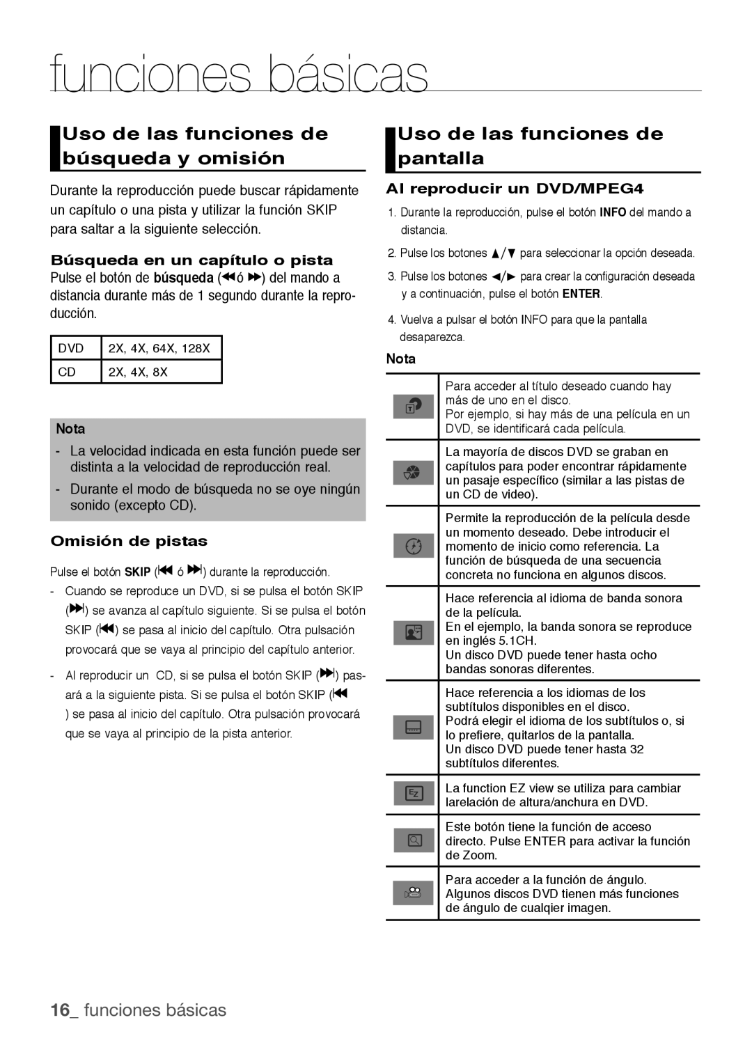 Samsung DVD-H1080R/XEC Uso de las funciones de búsqueda y omisión, Uso de las funciones de pantalla, Funciones básicas 