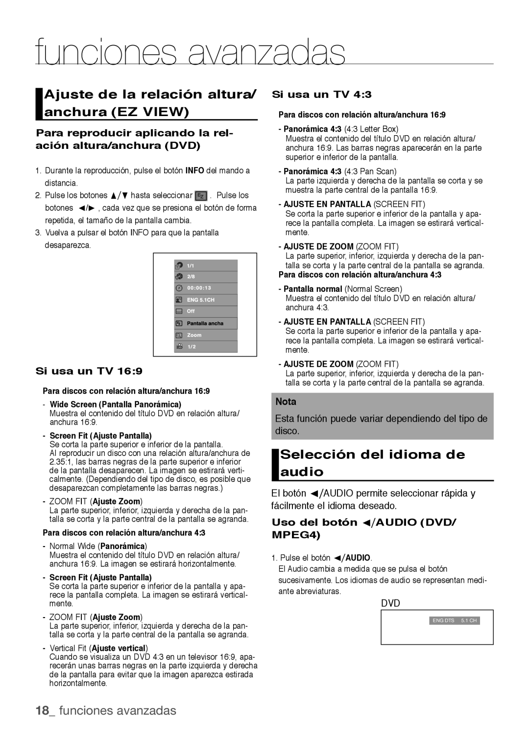 Samsung DVD-H1080R/XEC Funciones avanzadas, Ajuste de la relación altura/ anchura EZ View, Selección del idioma de audio 