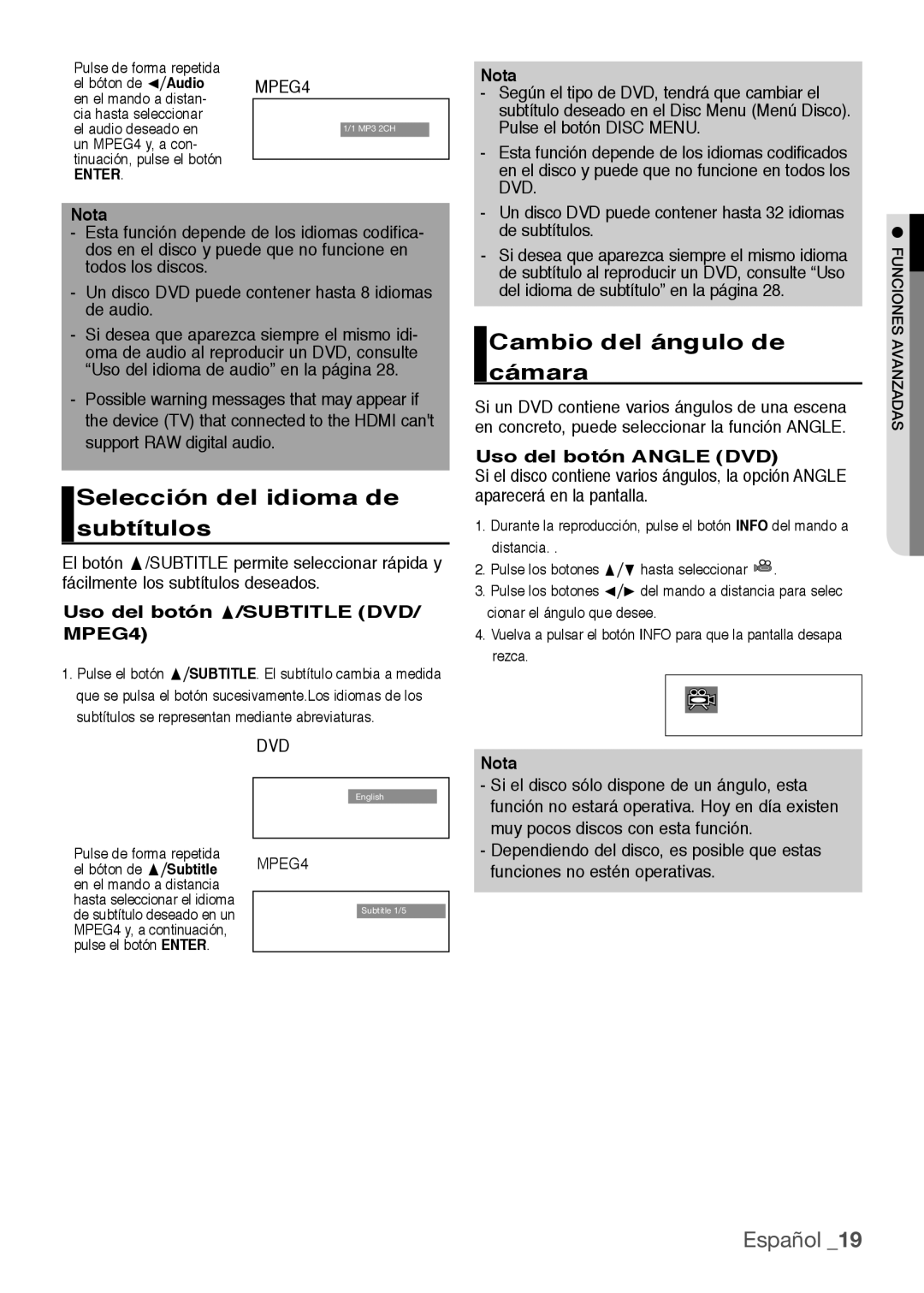 Samsung DVD-H1080/XEC Selección del idioma de subtítulos, Cambio del ángulo de cámara, Uso del botón π/SUBTITLE DVD/ MPEG4 