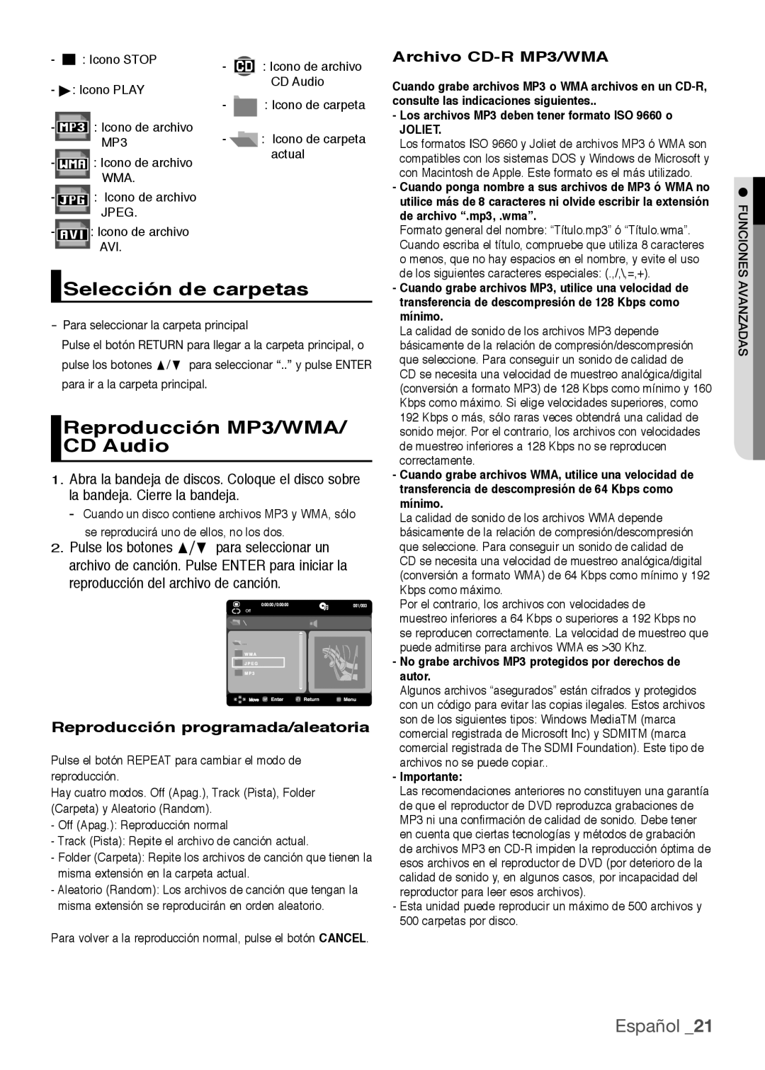 Samsung DVD-H1080/XEC manual Selección de carpetas, Reproducción MP3/WMA/ CD Audio, Reproducción programada/aleatoria 