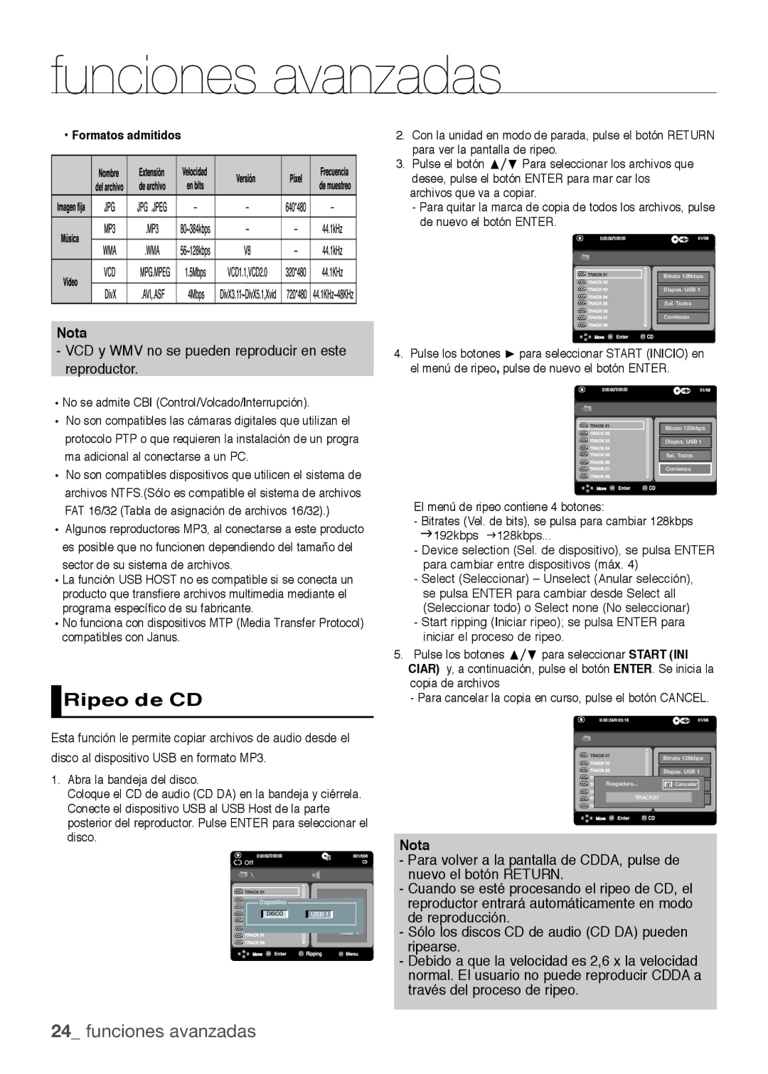 Samsung DVD-H1080R/XEC, DVD-H1080/XEC manual Ripeo de CD, Formatos admitidos, No se admite CBI Control/Volcado/Interrupción 