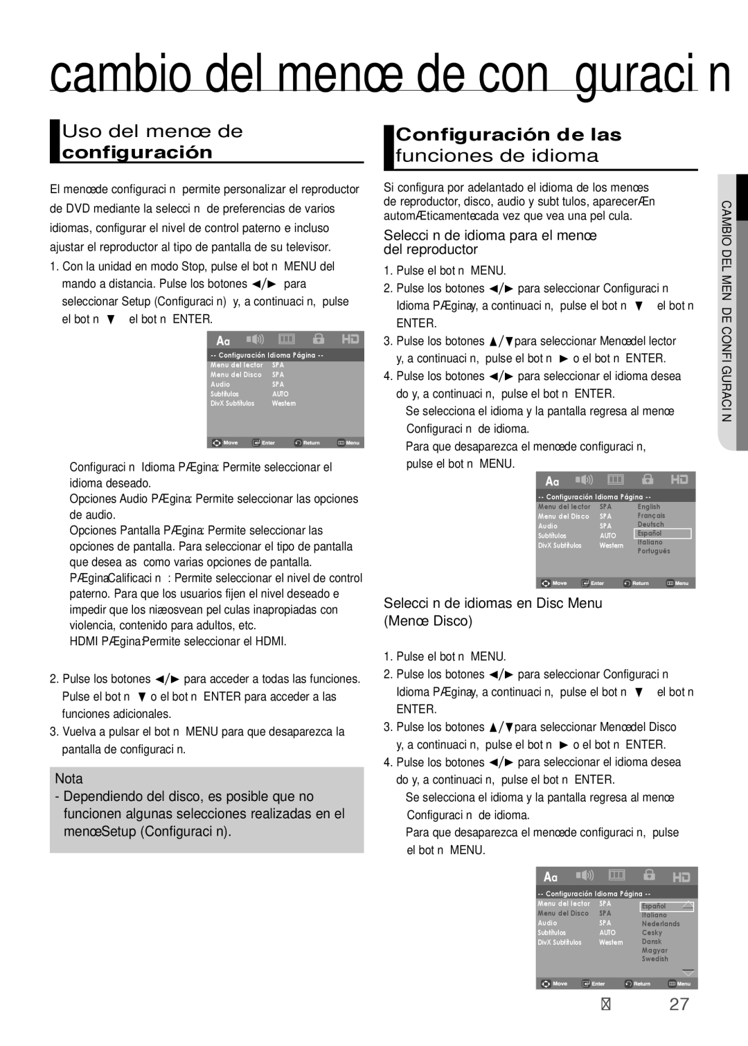 Samsung DVD-H1080/XEC, DVD-H1080R/XEC manual Uso del menú de configuración, Configuración de las funciones de idioma 