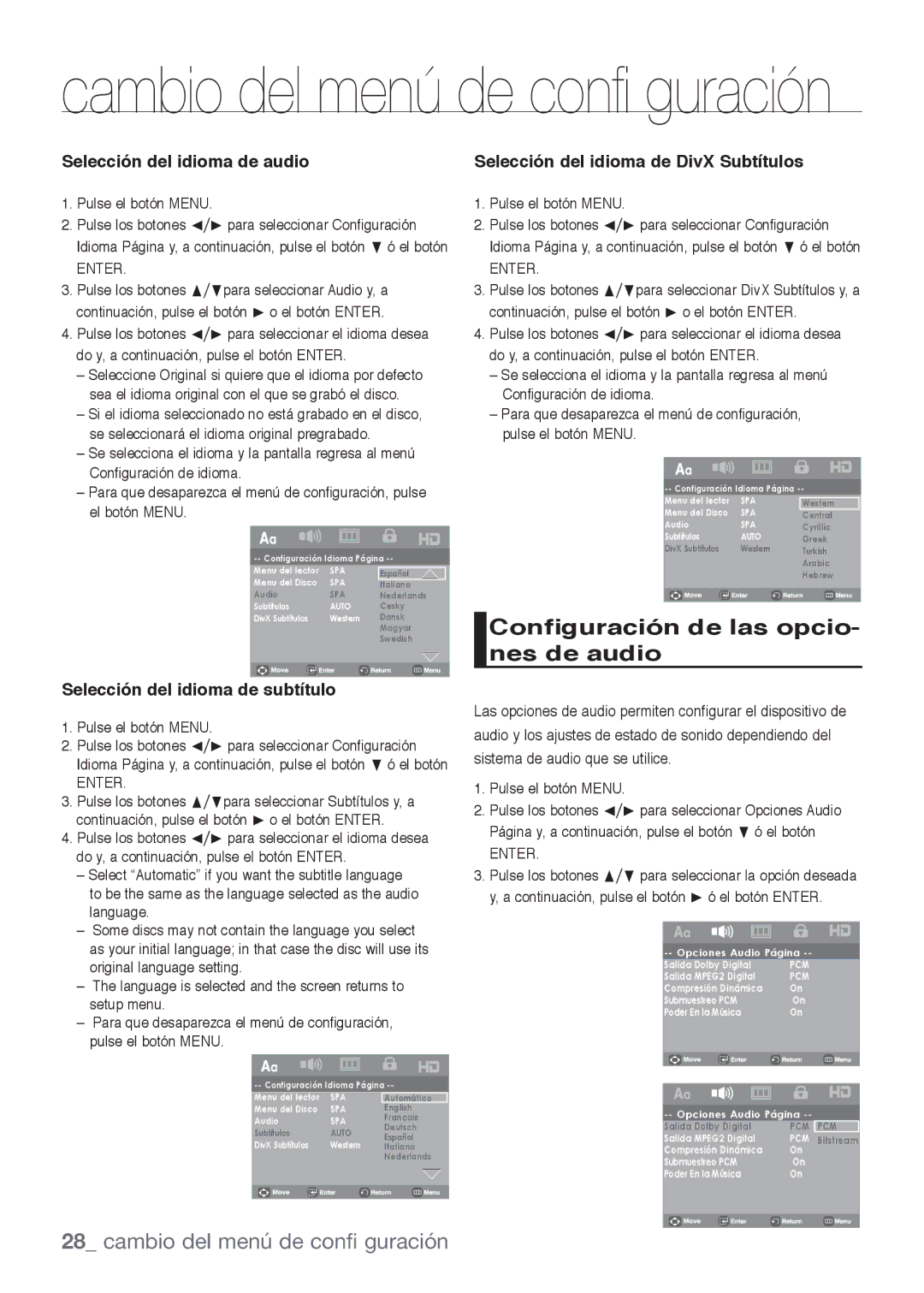 Samsung DVD-H1080R/XEC, DVD-H1080/XEC manual Configuración de las opcio- nes de audio, Cambio del menú de confi guración 