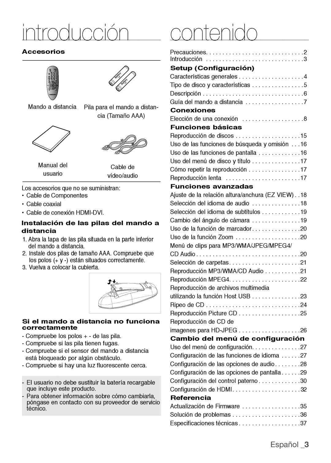 Samsung DVD-H1080/XEC, DVD-H1080R/XEC manual Introducción, Contenido, Español  