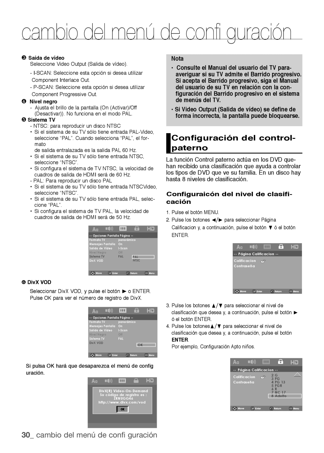 Samsung DVD-H1080R/XEC, DVD-H1080/XEC manual Configuración del control- paterno, Configuraicón del nivel de clasifi- cación 