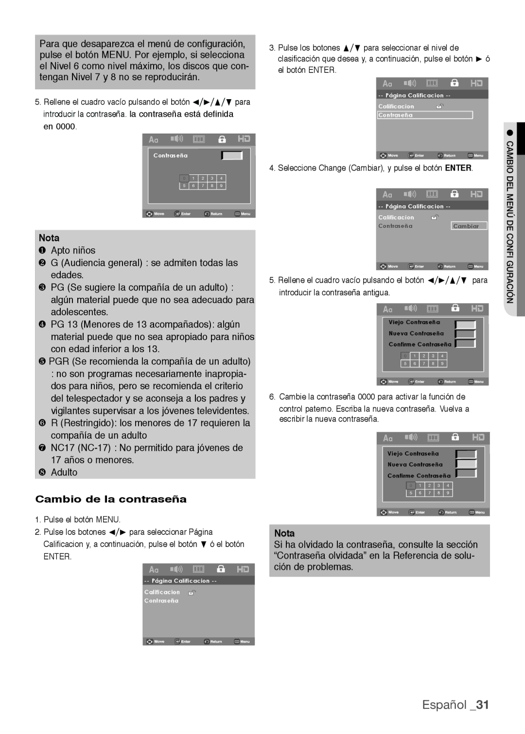 Samsung DVD-H1080/XEC, DVD-H1080R/XEC manual Cambio de la contraseña, Seleccione Change Cambiar, y pulse el botón Enter 