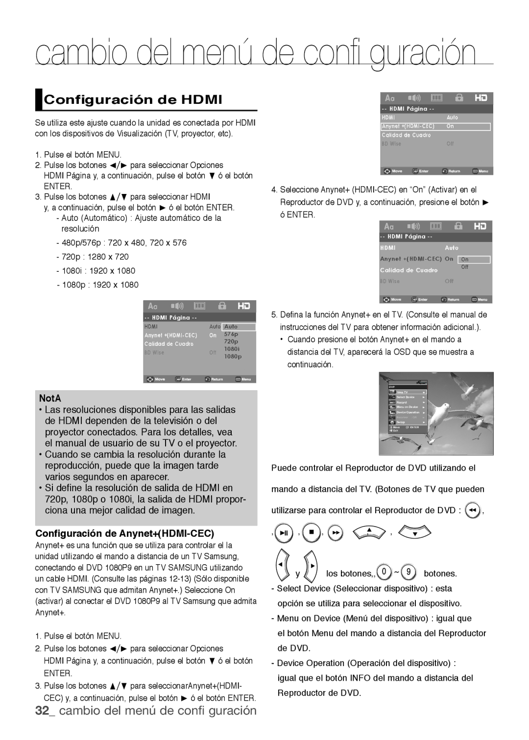 Samsung DVD-H1080R/XEC, DVD-H1080/XEC manual Configuración de Hdmi, Configuración de Anynet+HDMI-CEC 