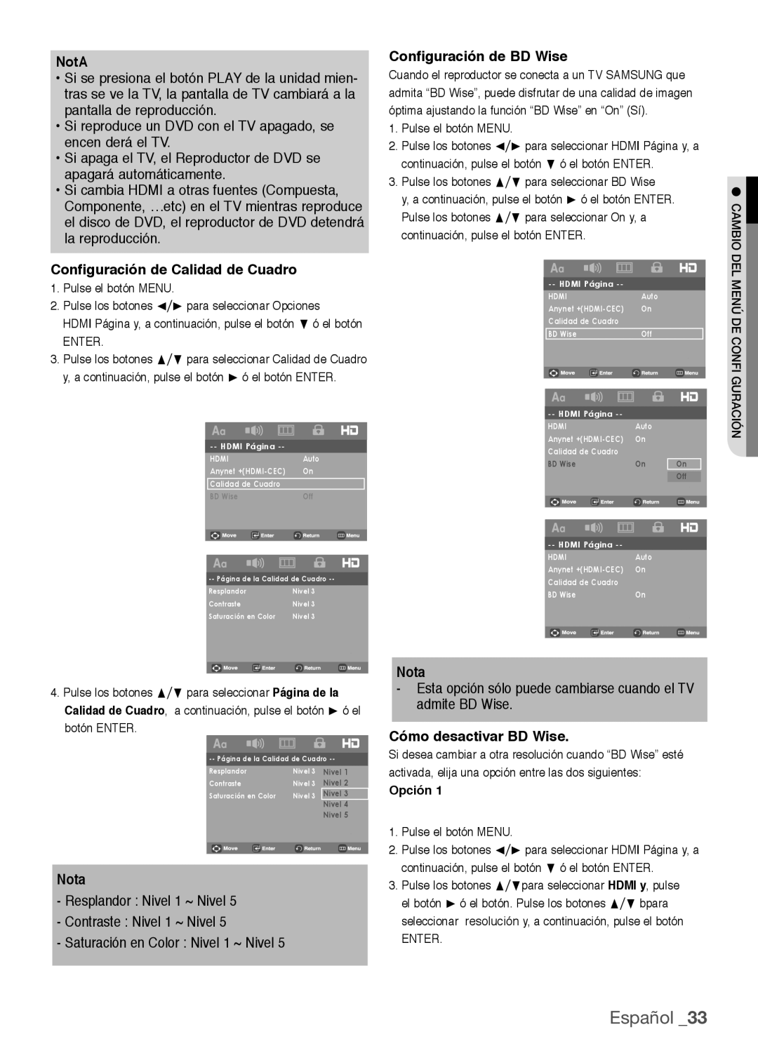 Samsung DVD-H1080/XEC manual Configuración de Calidad de Cuadro, Configuración de BD Wise, Cómo desactivar BD Wise, Opción 