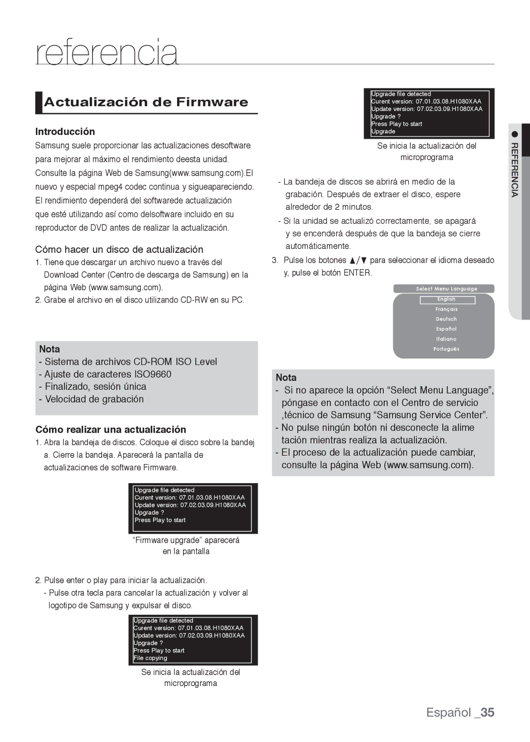 Samsung DVD-H1080/XEC, DVD-H1080R/XEC Referencia, Actualización de Firmware, Introducción, Cómo realizar una actualización 