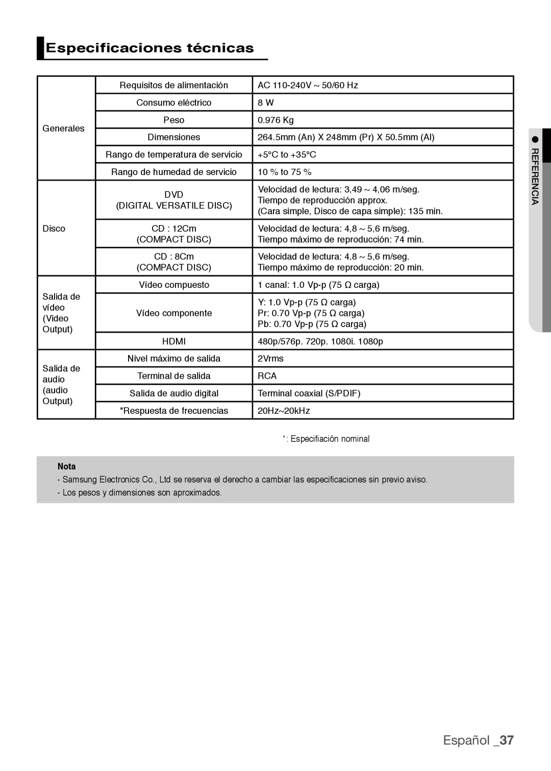 Samsung DVD-H1080/XEC, DVD-H1080R/XEC manual Especificaciones técnicas, Nota 