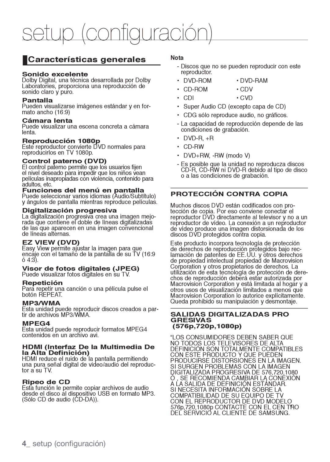 Samsung DVD-H1080R/XEC, DVD-H1080/XEC manual Setup configuración, Características generales,  setup configuración 