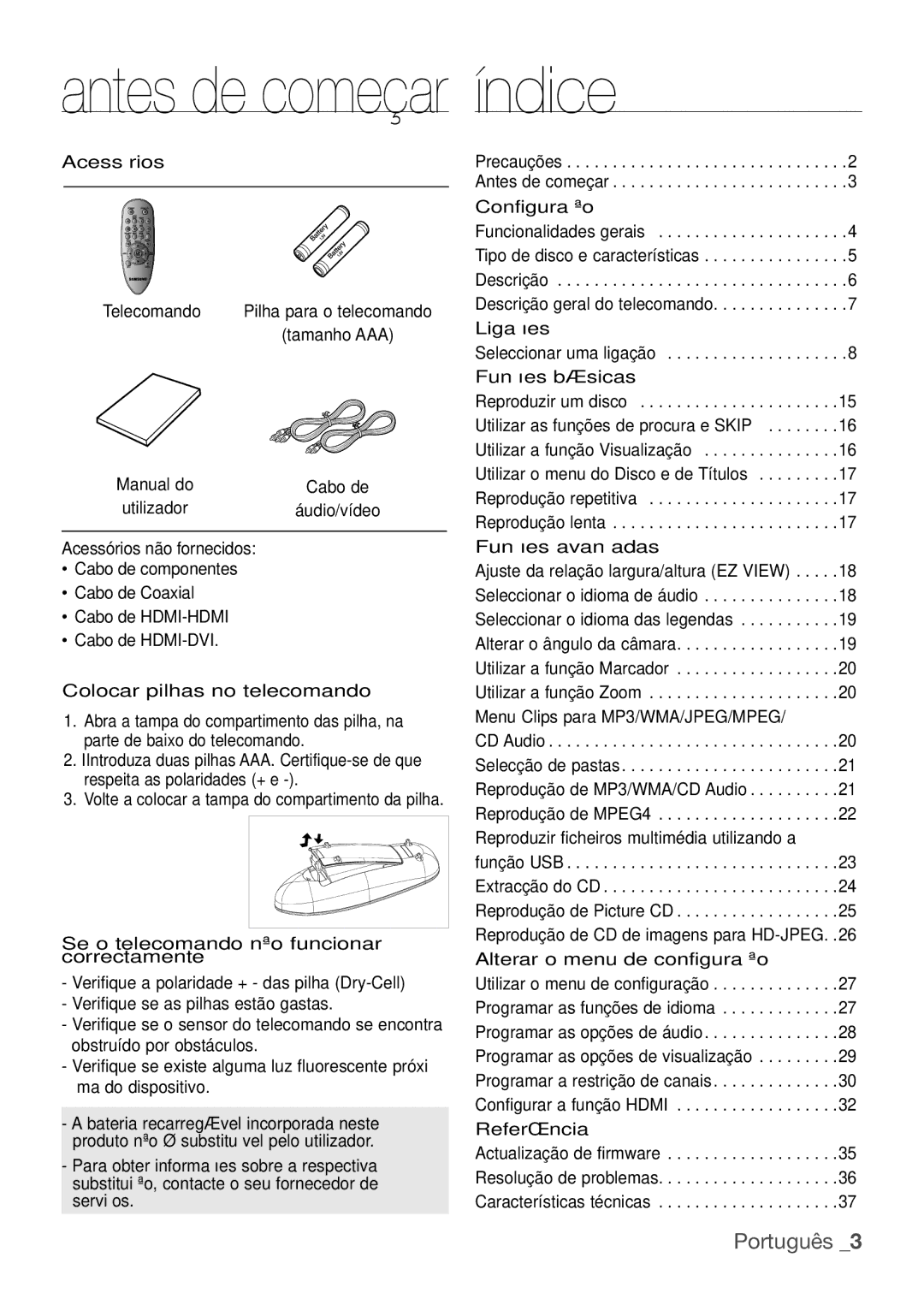 Samsung DVD-H1080/XEC, DVD-H1080R/XEC manual Antes de começar índice, Português  