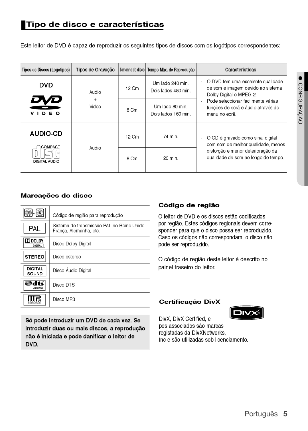 Samsung DVD-H1080/XEC, DVD-H1080R/XEC manual Tipo de disco e características, Marcações do disco, Certificação DivX 